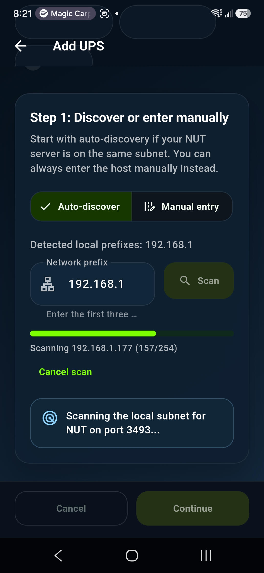 UPSLink server setup screen offering automatic NUT discovery or manual server entry